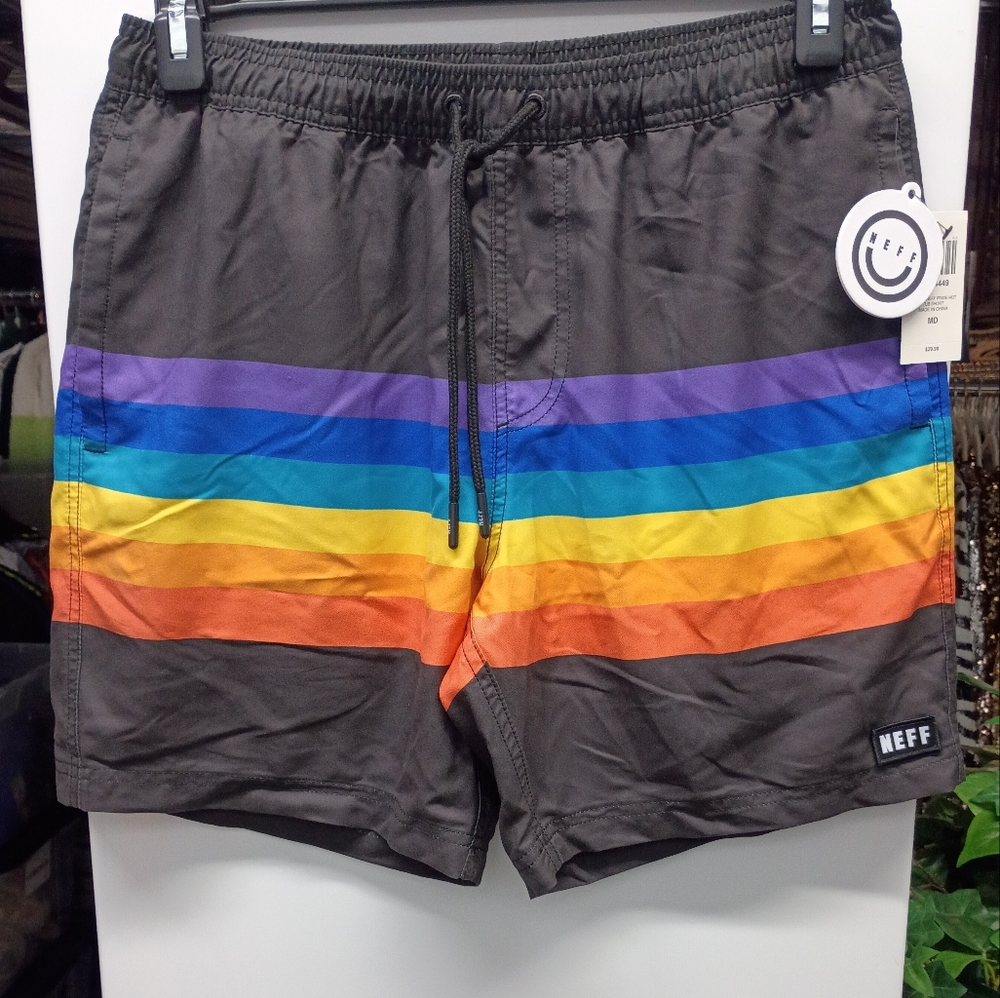 Neff Charcoal Grey Athletic Shorts with Rainbow Stripe